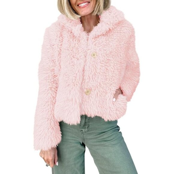 Cropped Faux Fur Coat Medium Pink Pockets Button Down Fluffy Jacket Plush NEW - Picture 2 of 4